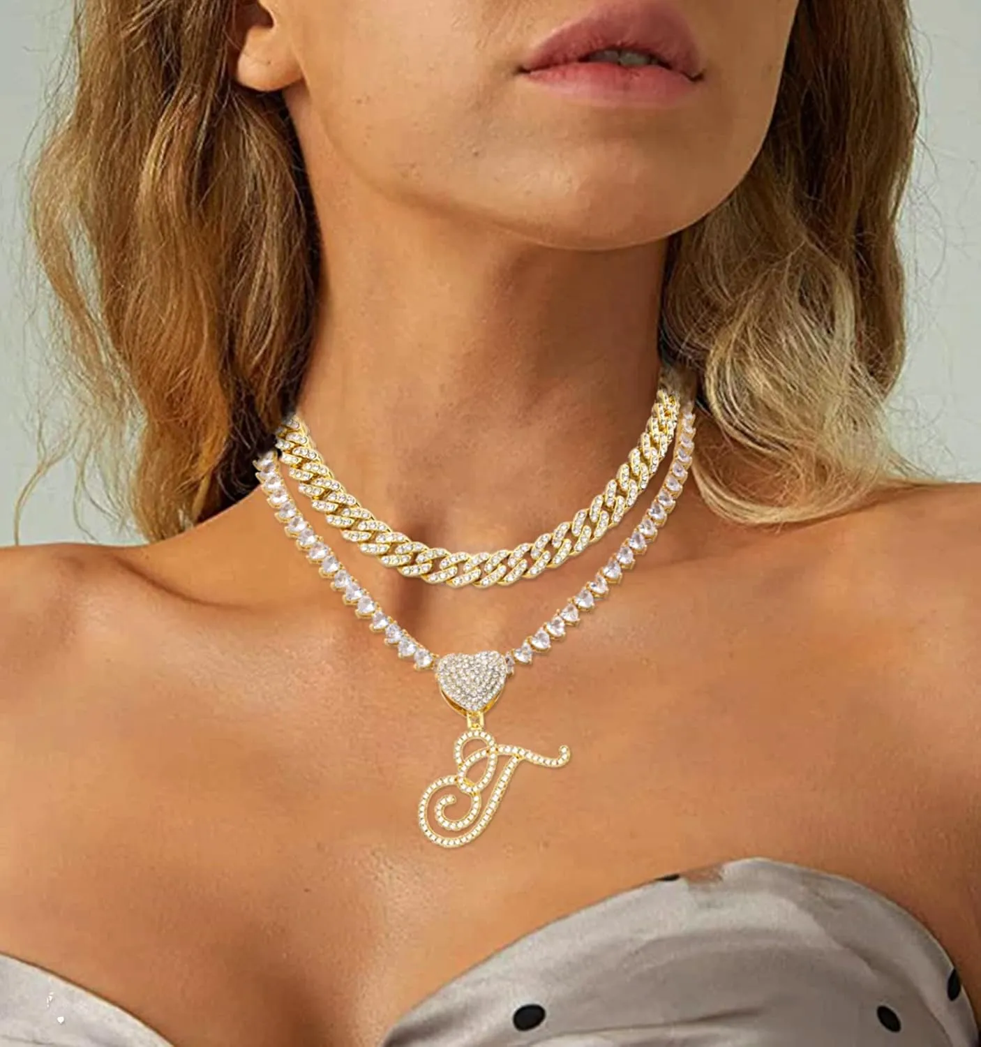 KOHOTA Cursive Silver Initial Pendant Necklace for Women Miami Cuban Link Chain Layered Heart Shape Bling Diamond Iced Out Chain Pendant Necklace Hip Hop Jewelry Gift 2PCS Chains