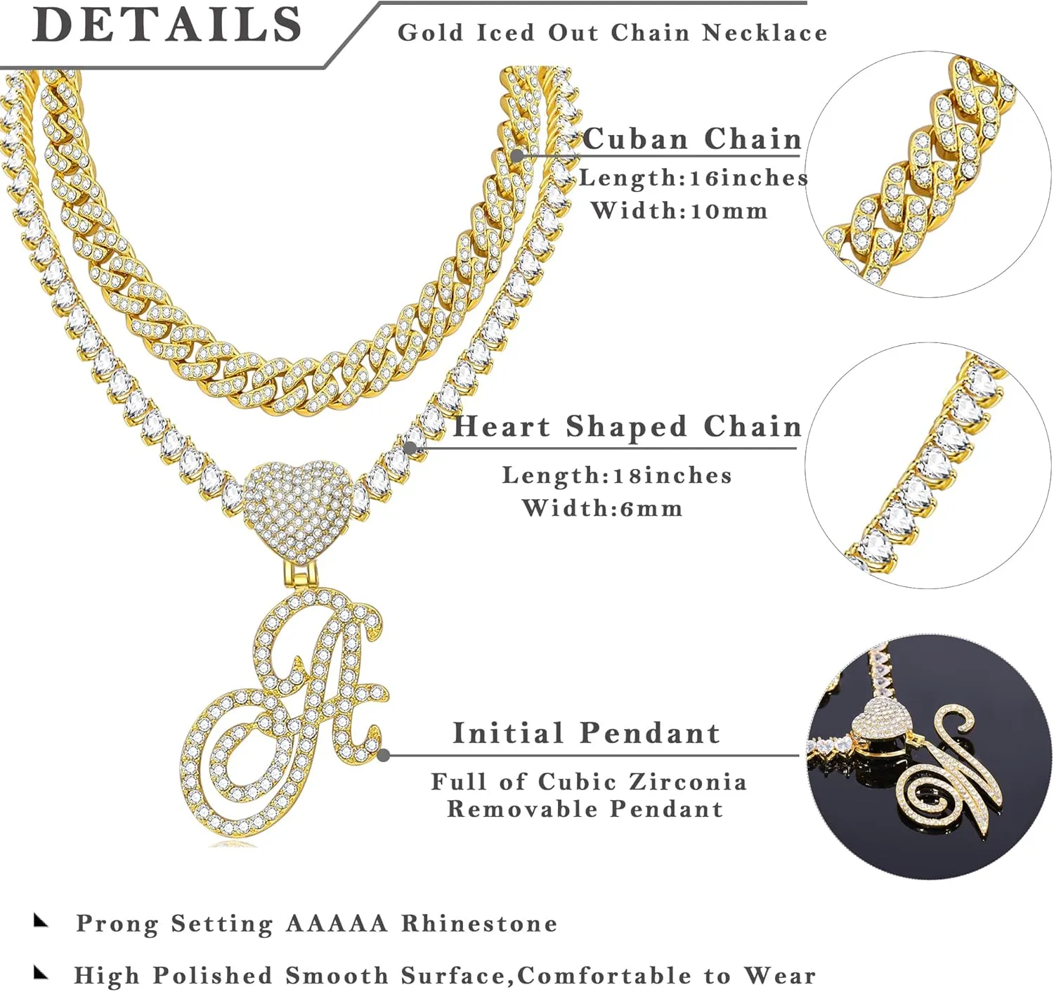 KOHOTA Cursive Silver Initial Pendant Necklace for Women Miami Cuban Link Chain Layered Heart Shape Bling Diamond Iced Out Chain Pendant Necklace Hip Hop Jewelry Gift 2PCS Chains