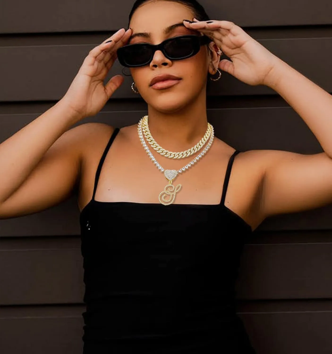 KOHOTA Cursive Silver Initial Pendant Necklace for Women Miami Cuban Link Chain Layered Heart Shape Bling Diamond Iced Out Chain Pendant Necklace Hip Hop Jewelry Gift 2PCS Chains