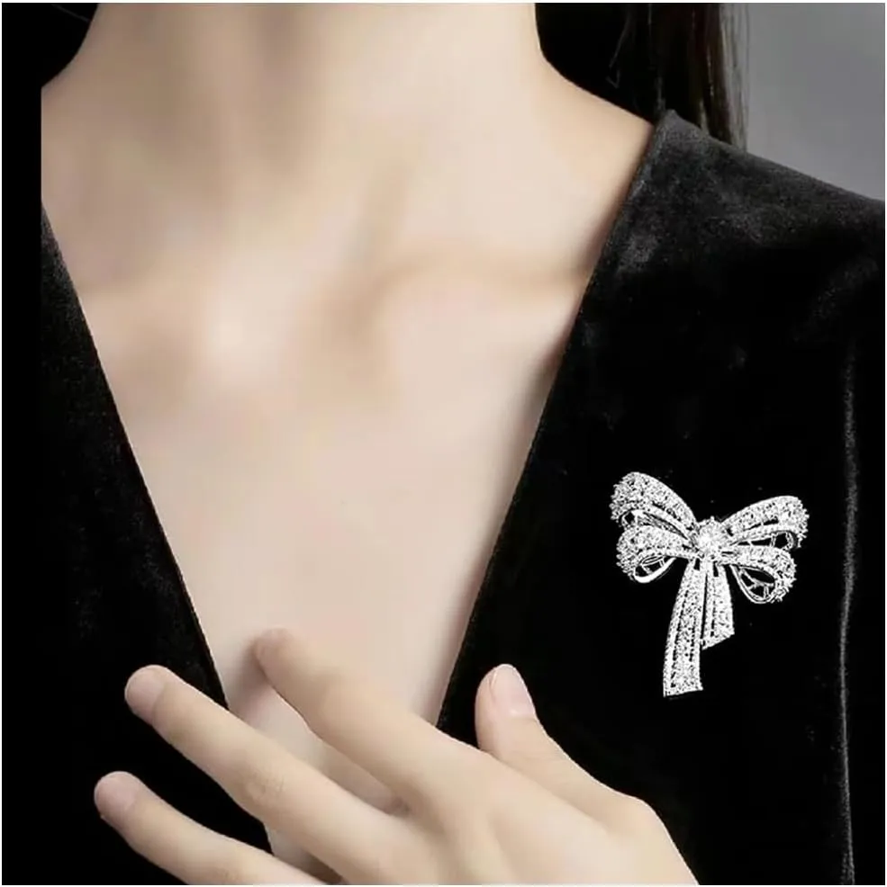 Kokoma Rhinestone Bow Brooch Pin for Women Shiny CZ Crystal Pearl Dangling Ribbon Bow Knot Lapel Pins Wedding Party Dance Banquet Dress Suit Shirt Scraf Clip for Clothes Accessories Jewelry