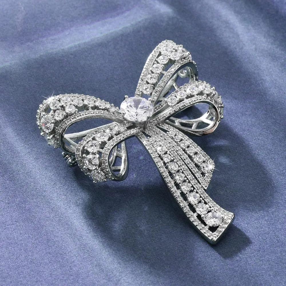 Kokoma Rhinestone Bow Brooch Pin for Women Shiny CZ Crystal Pearl Dangling Ribbon Bow Knot Lapel Pins Wedding Party Dance Banquet Dress Suit Shirt Scraf Clip for Clothes Accessories Jewelry
