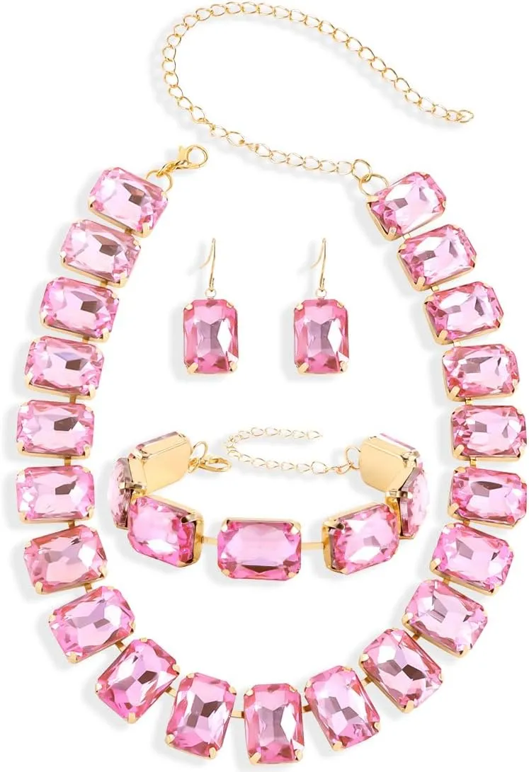 KOSMOS-LI Rectangle Faux Crystal Jewelry Sets Includ Necklace Bracelet Earrings For Women