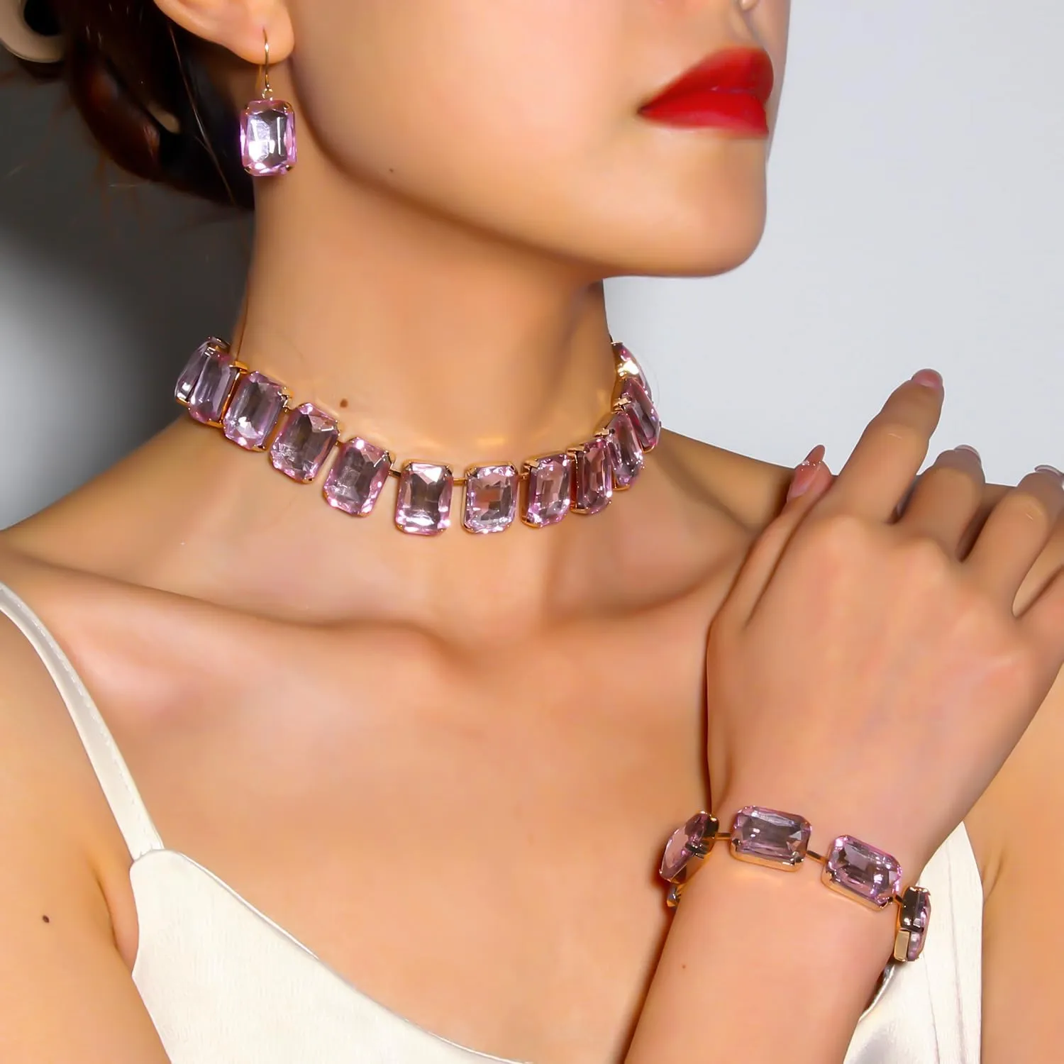 KOSMOS-LI Rectangle Faux Crystal Jewelry Sets Includ Necklace Bracelet Earrings For Women