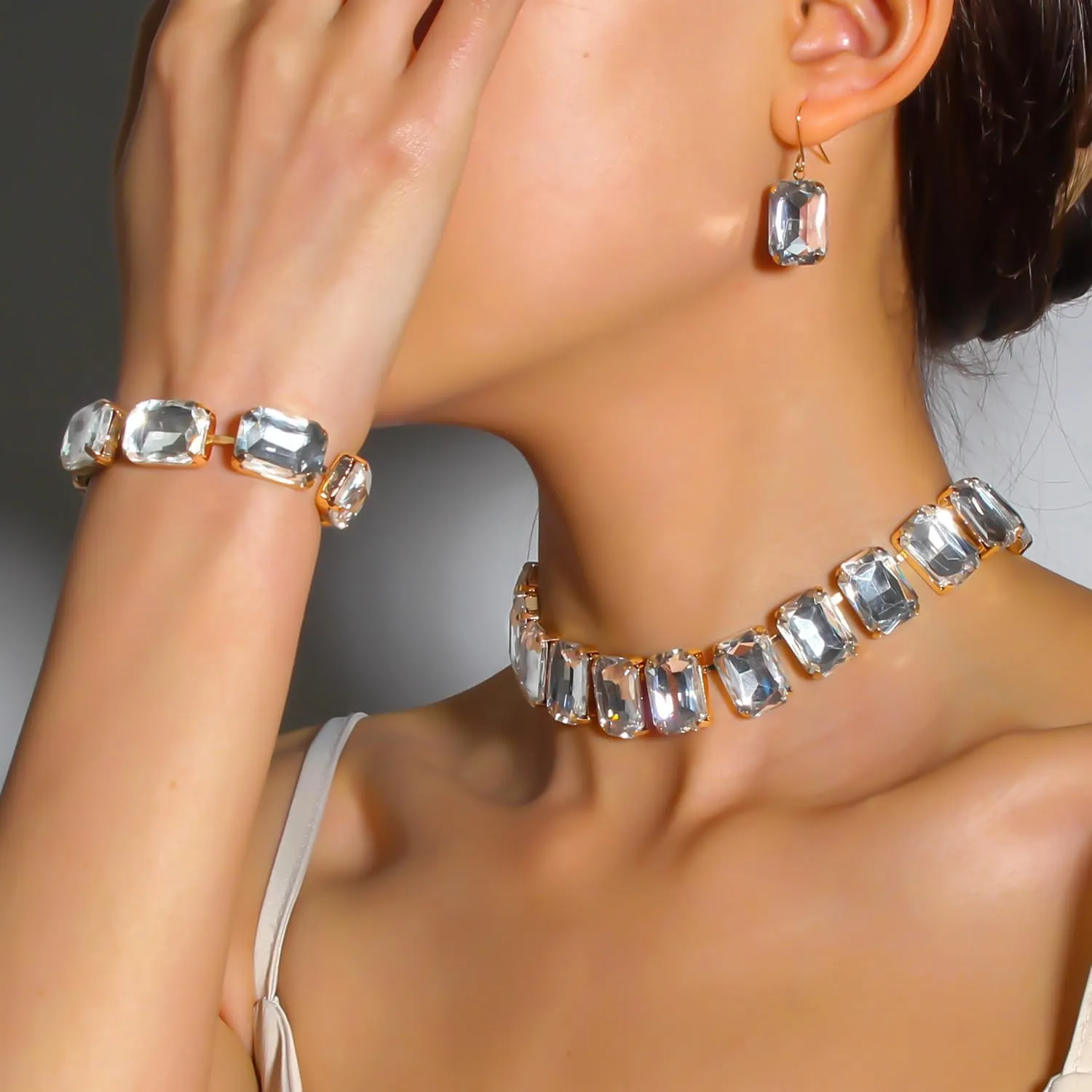 KOSMOS-LI Rectangle Faux Crystal Jewelry Sets Includ Necklace Bracelet Earrings For Women