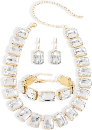 KOSMOS-LI Rectangle Faux Crystal Jewelry Sets Includ Necklace Bracelet Earrings For Women
