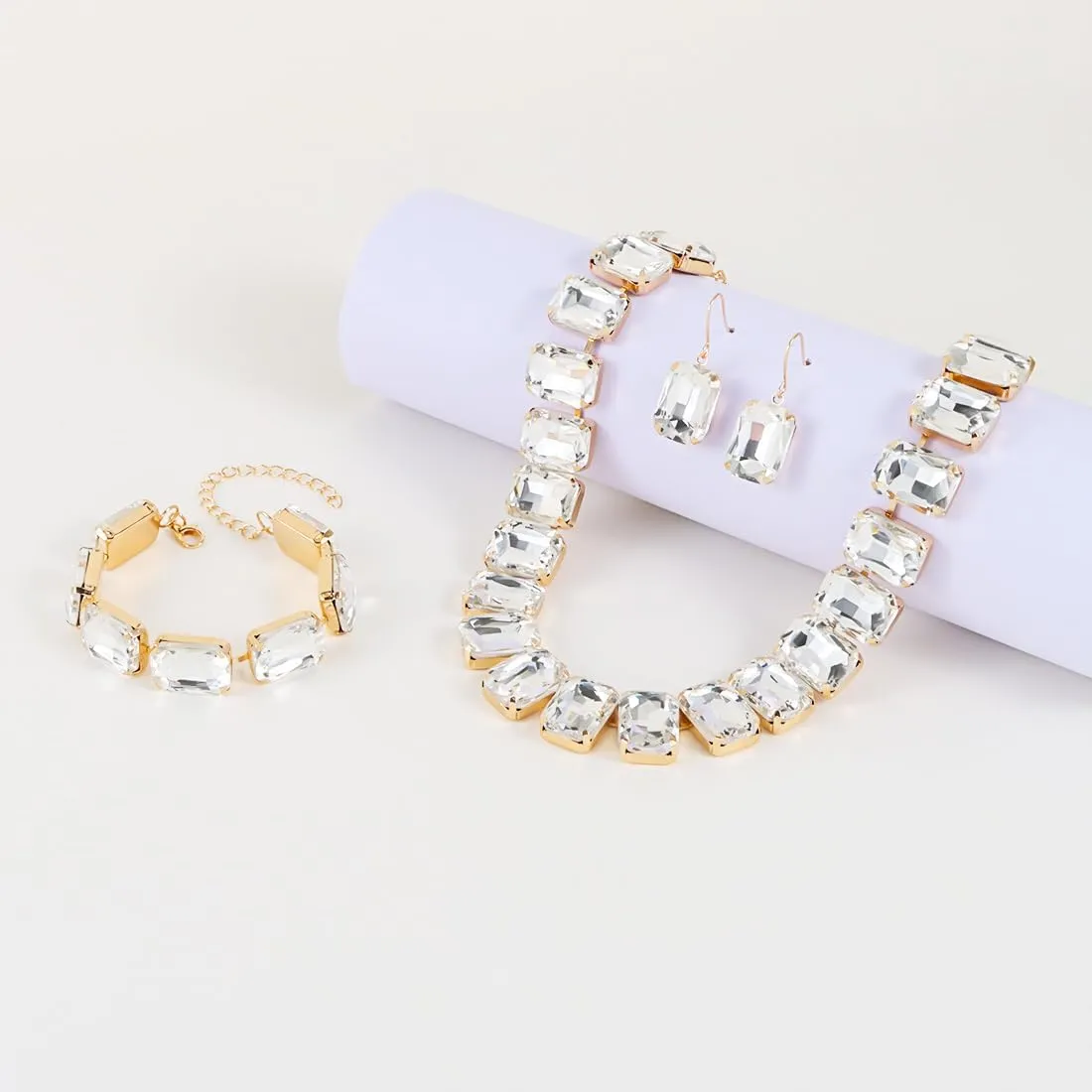 KOSMOS-LI Rectangle Faux Crystal Jewelry Sets Includ Necklace Bracelet Earrings For Women