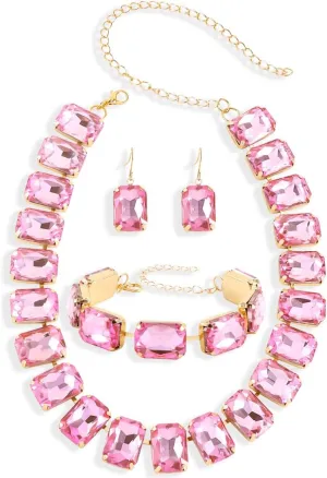 KOSMOS-LI Rectangle Faux Crystal Jewelry Sets Includ Necklace Bracelet Earrings For Women