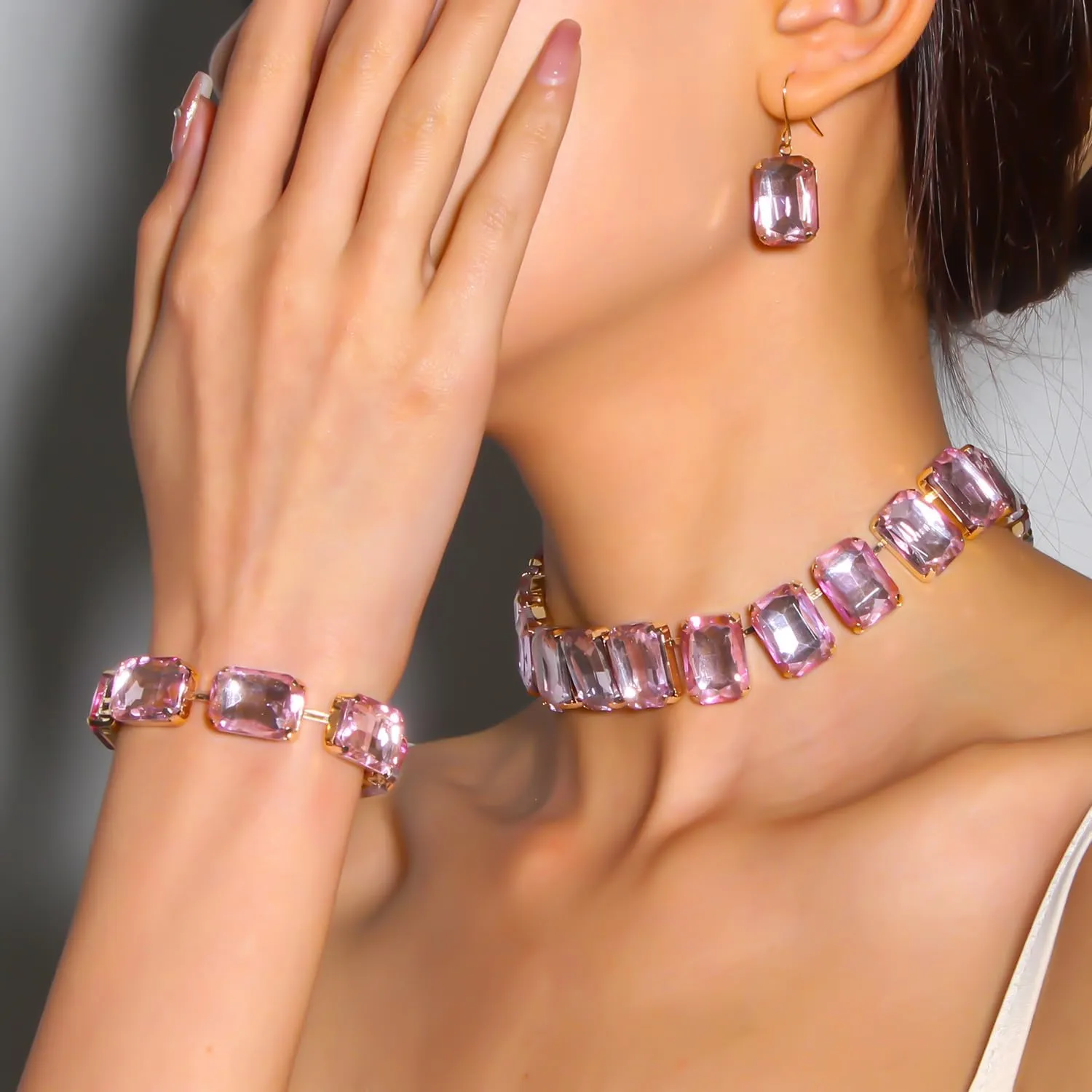 KOSMOS-LI Rectangle Faux Crystal Jewelry Sets Includ Necklace Bracelet Earrings For Women