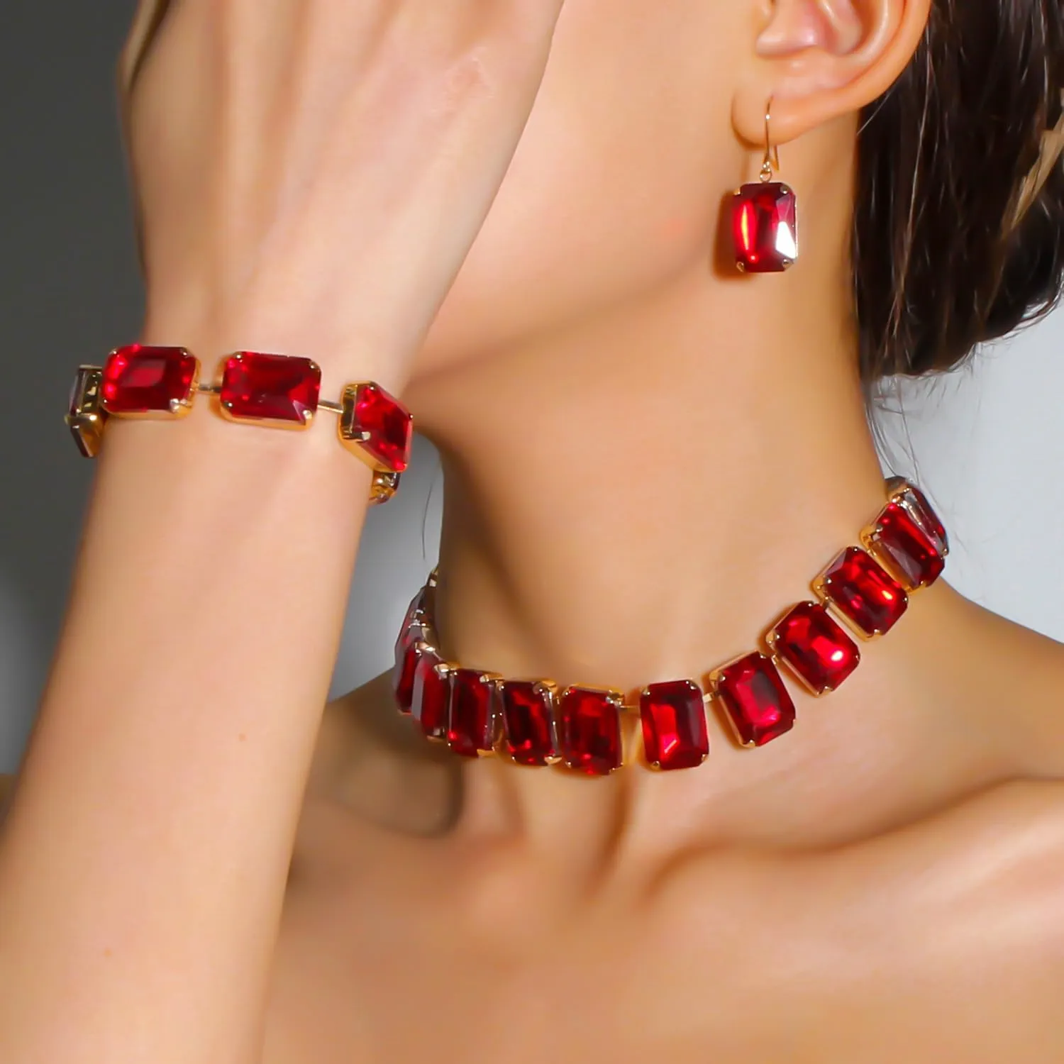 KOSMOS-LI Rectangle Faux Crystal Jewelry Sets Includ Necklace Bracelet Earrings For Women