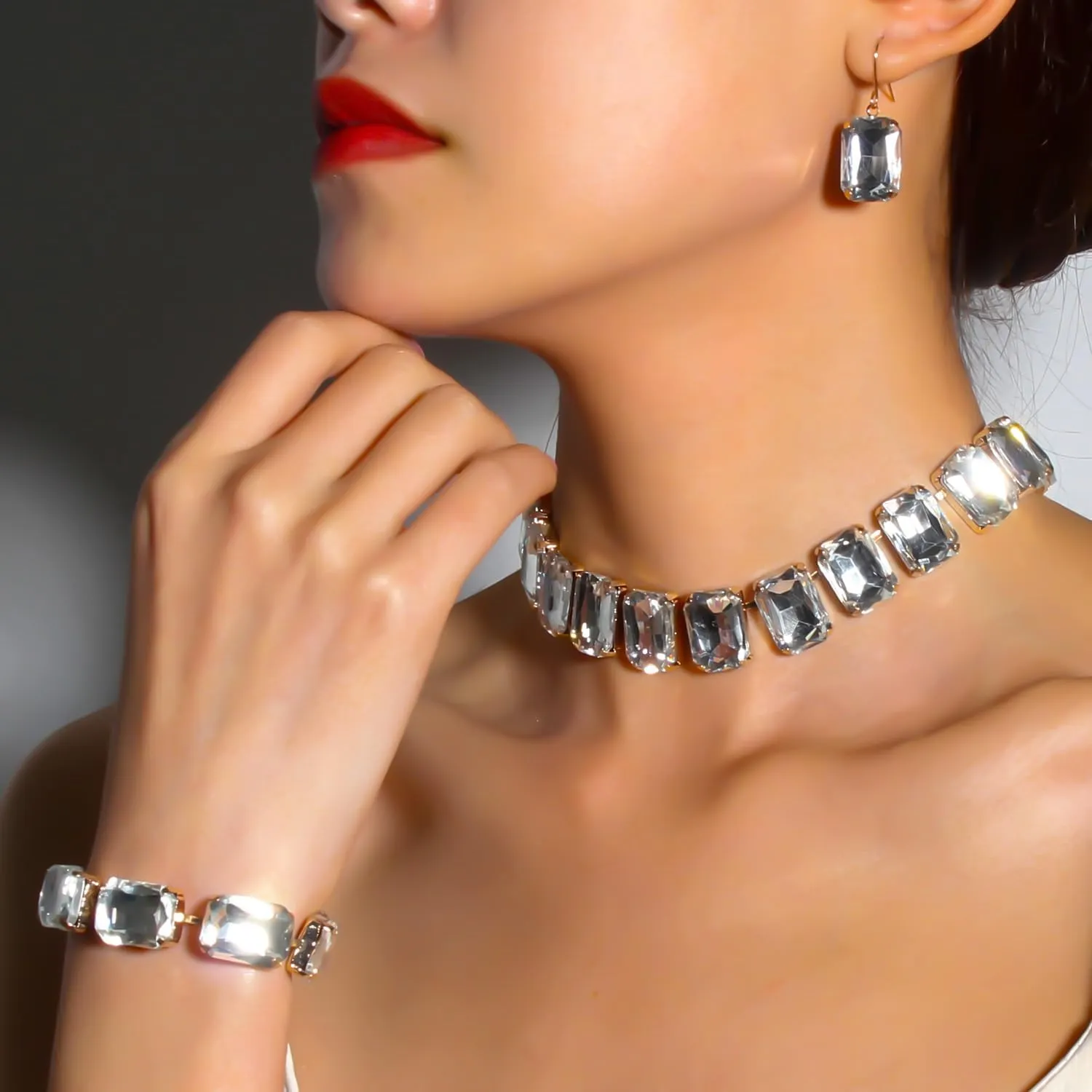 KOSMOS-LI Rectangle Faux Crystal Jewelry Sets Includ Necklace Bracelet Earrings For Women