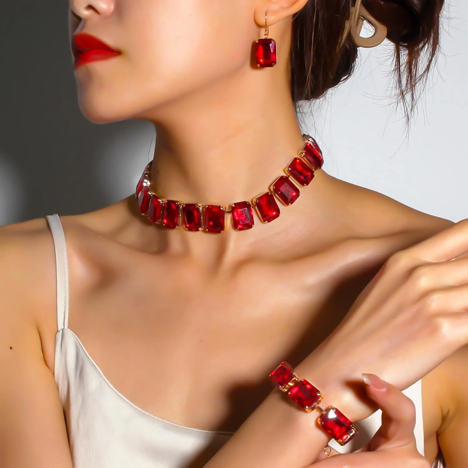 KOSMOS-LI Rectangle Faux Crystal Jewelry Sets Includ Necklace Bracelet Earrings For Women