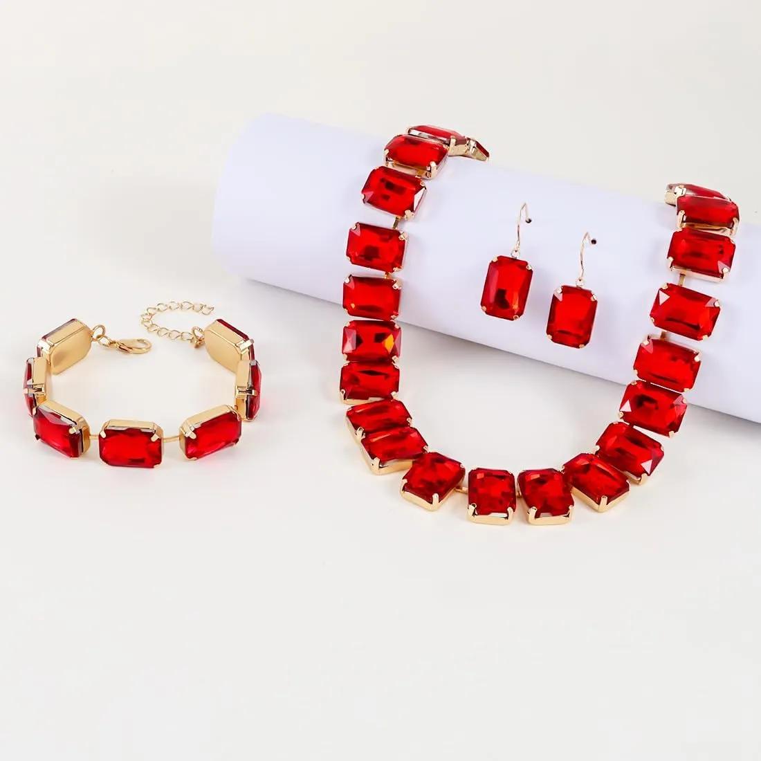 KOSMOS-LI Rectangle Faux Crystal Jewelry Sets Includ Necklace Bracelet Earrings For Women