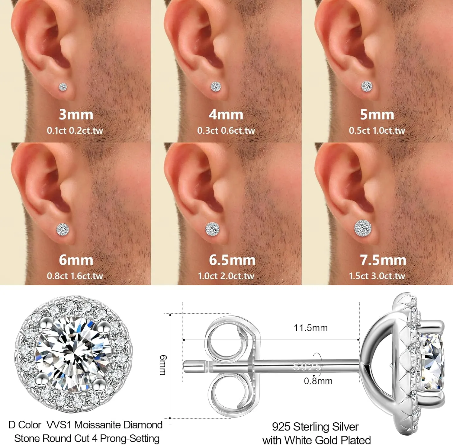 KRKC Moissanite Earrings, Lab Created Diamond Stud Earrings For Women Men, 14K Golden-Plated, 925 Sterling Silver Earrings, D Color VVS1, Valentines Christmas Gift, Halo Style, Push Back, 0.2CT-8CT