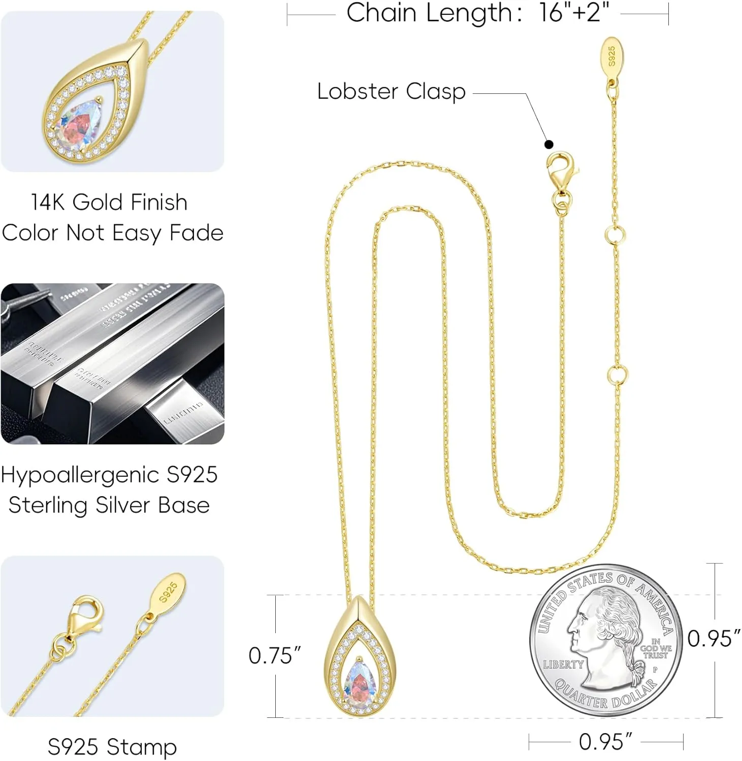 Kstyle Teardrop Necklaces for Women, 14k Gold Plated 925 Sterling Silver Birthstone Pendant Necklace with Cubic Zirconia, Jewelry for Women Birthday Gifts for Wife Girlfriend Her Mom Sister