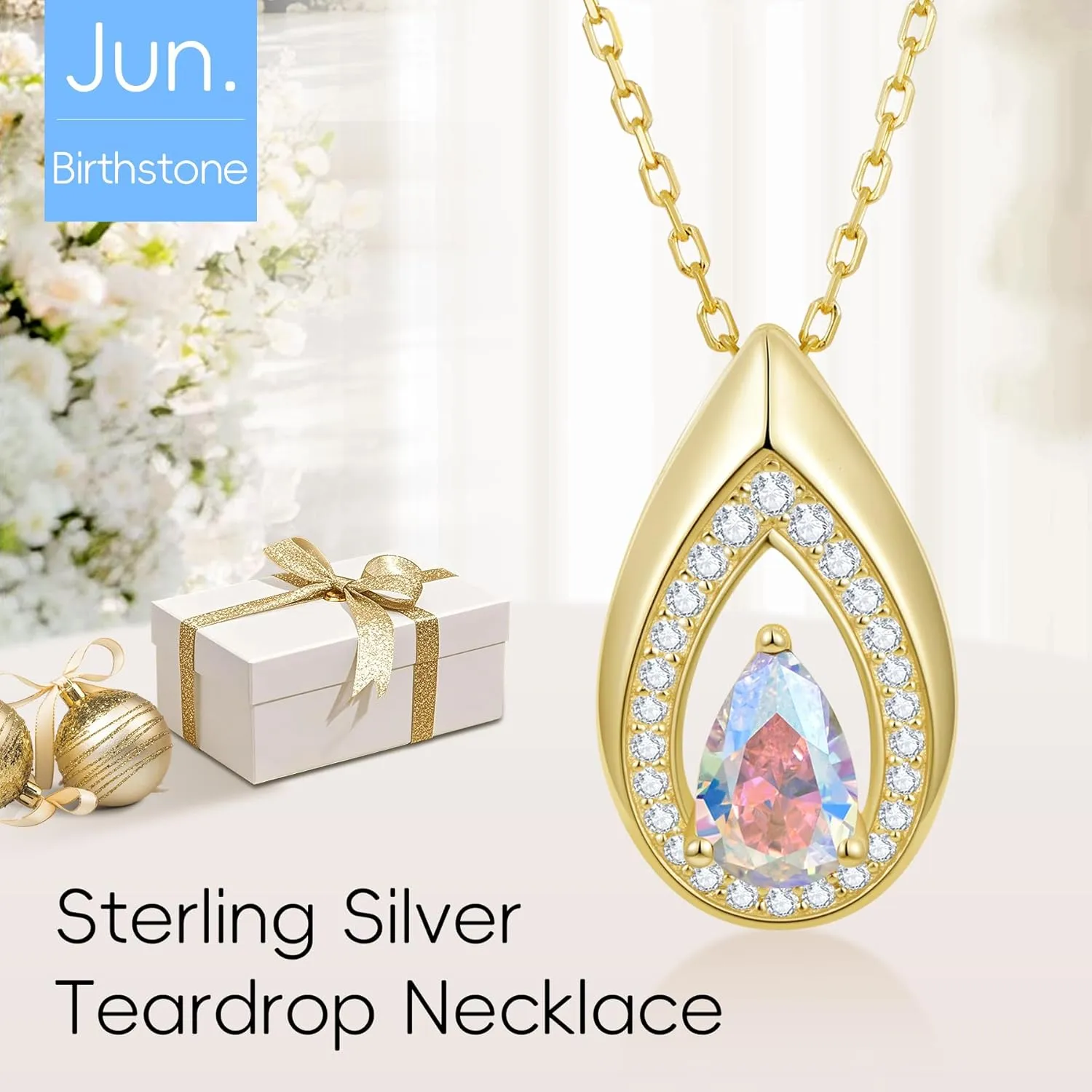 Kstyle Teardrop Necklaces for Women, 14k Gold Plated 925 Sterling Silver Birthstone Pendant Necklace with Cubic Zirconia, Jewelry for Women Birthday Gifts for Wife Girlfriend Her Mom Sister