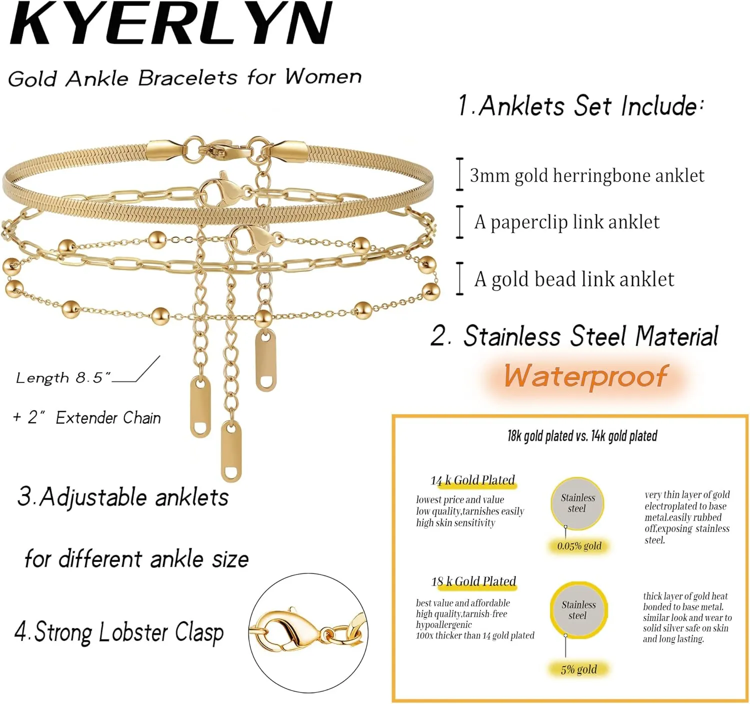 Kyerlyn Layered Ankle Bracelets for Women 18K Gold Anklets for Women Stainless Steel Waterproof Cuban Link Anklets Set Stackable Anklets for Women Summer Beach Jewelry Gift