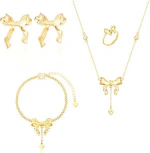 la luen Gold Bow Jewelry Set for Women,18K Gold Trendy Bowknot Necklace Earrings Ring Bracelet Beautiful Gift for Her (4Pcs)