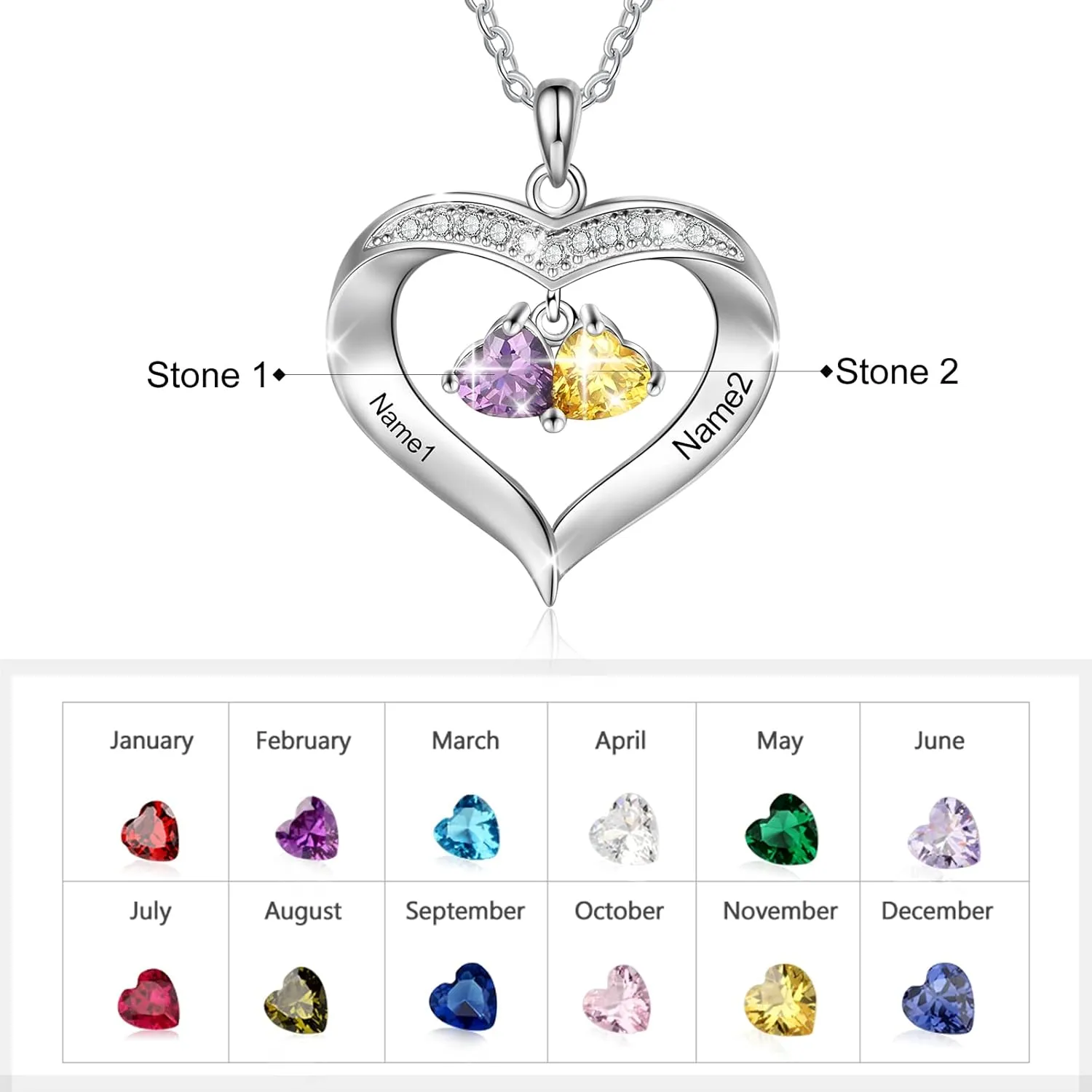 Lam Hub Fong Custom Birthstone Name Necklace for Mother and Daughter - Personalized Heart Necklace with 1-8 Birthstones, Perfect Mothers Day, Birthday or Christmas Gift for Mom, Grandma, or Women