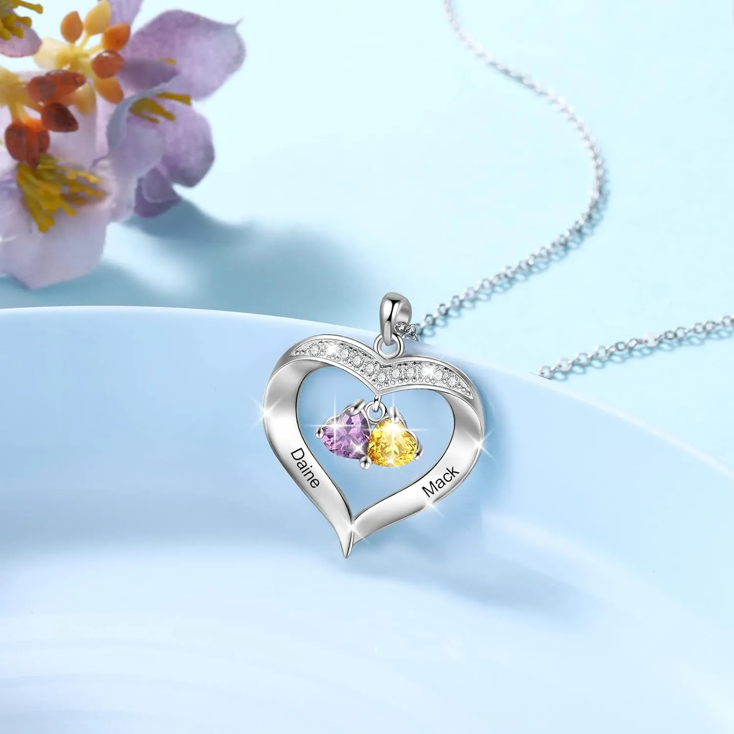 Lam Hub Fong Custom Birthstone Name Necklace for Mother and Daughter - Personalized Heart Necklace with 1-8 Birthstones, Perfect Mothers Day, Birthday or Christmas Gift for Mom, Grandma, or Women