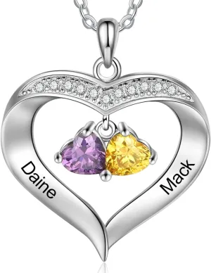 Lam Hub Fong Custom Birthstone Name Necklace for Mother and Daughter - Personalized Heart Necklace with 1-8 Birthstones, Perfect Mothers Day, Birthday or Christmas Gift for Mom, Grandma, or Women