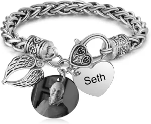 Lam Hub Fong Personalized Memorial Bracelet with Custom Photo Inside - Stainless Steel Wing Design Keepsake Jewelry - Unique Gifts for Loved Ones