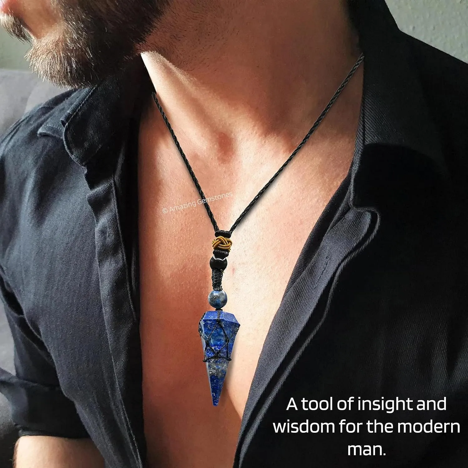 Lapis Lazuli Crystal Jewelry for Men : Elegant and Stylish Men Jewelry, Unique Women Men Necklace with Lapis Lazuli Crystal Stone Holder Necklace Pendulum (Black Macrame)