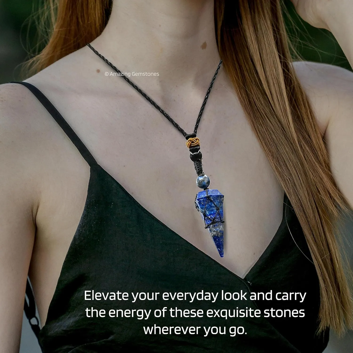Lapis Lazuli Crystal Jewelry for Men : Elegant and Stylish Men Jewelry, Unique Women Men Necklace with Lapis Lazuli Crystal Stone Holder Necklace Pendulum (Black Macrame)