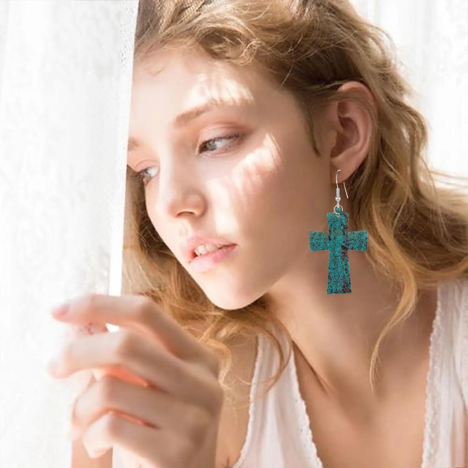 Large Cross Dangle Earrings for Women Wave Point Leather Earrings Vintage Religious Jewelry Gifts