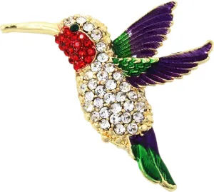Large Hummingbird Crystal Brooch Pin with Sparkly Multicolor Rhinestones, Unique Bird Costume Jewelry or Hummingbird Gift for Women