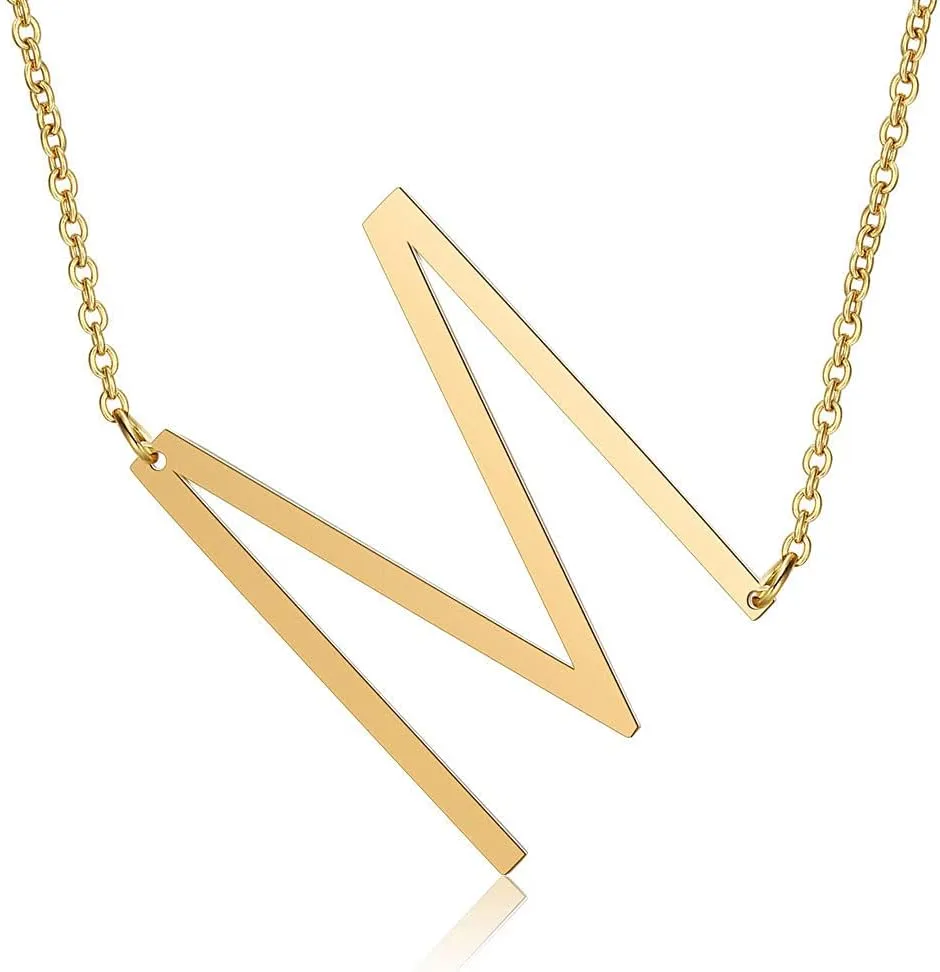 Large Sideways Initial Necklace for Women Big Capital Letter Necklaces Minimalist Stainless Steel 18K Gold Monogram Letter Necklace, Gift Ideas (26 Alphabet)