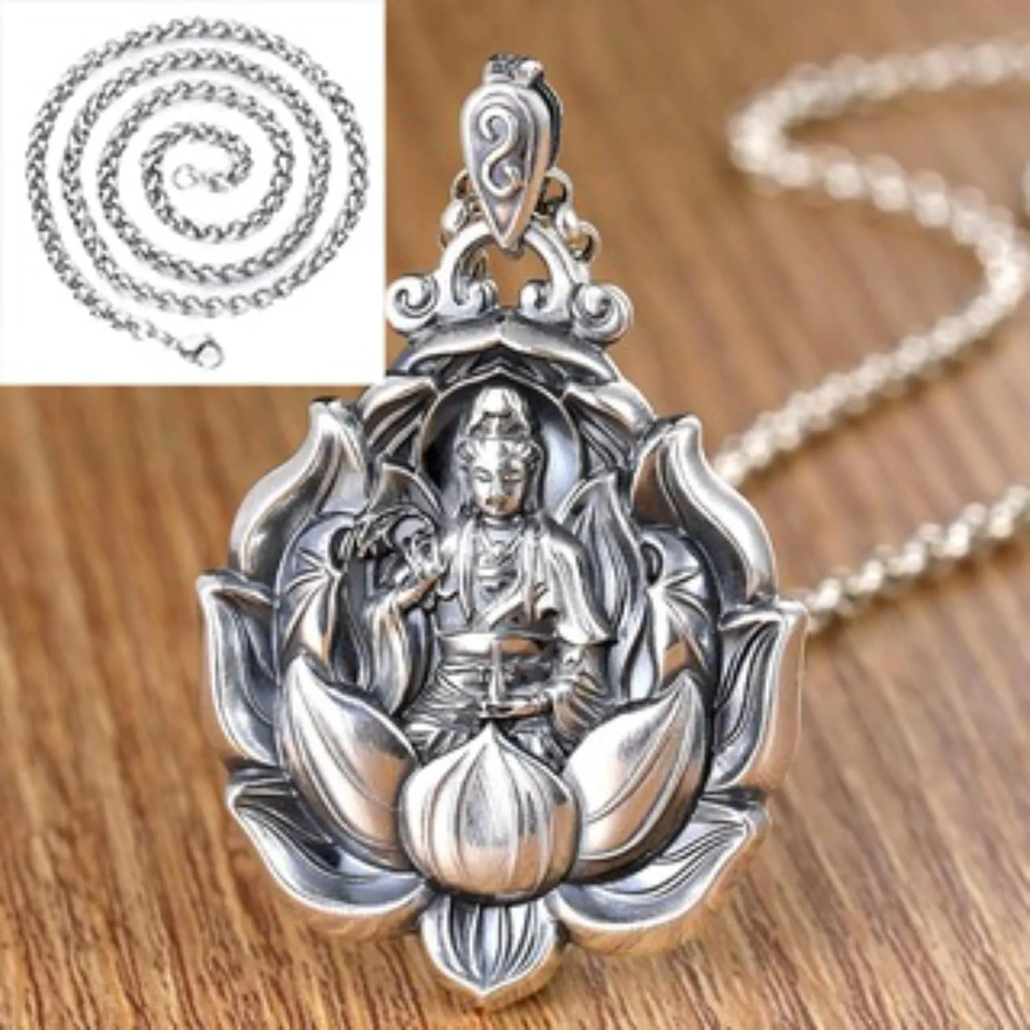Laughing Buddha Necklace Sterling Quan Yin Pendant Lucky Keel Chain Amulet Feng Shui Jewelry Blessing Gift for Women Men