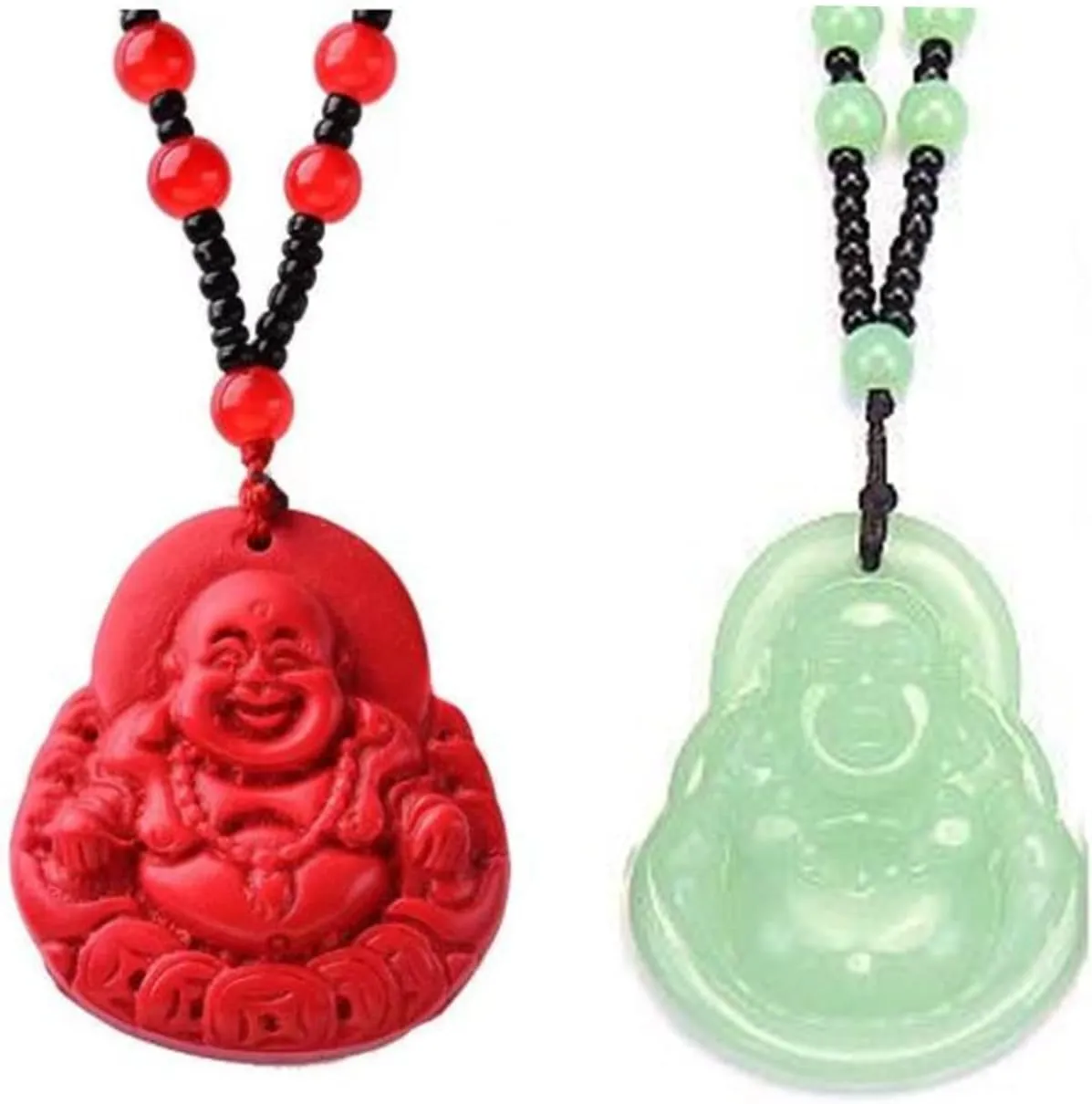 Laughing Buddha Pendant Necklace Green Black Imitation Jade Buddha Guanyin Crystal Beaded Rope Chain Gemstone Lucky Amulet Jewelry for Women Men-2pcs
