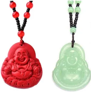 Laughing Buddha Pendant Necklace Green Black Imitation Jade Buddha Guanyin Crystal Beaded Rope Chain Gemstone Lucky Amulet Jewelry for Women Men-2pcs