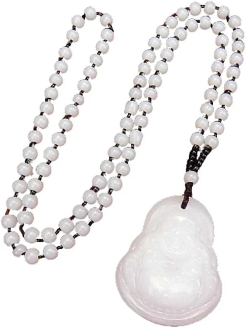 Laughing Buddha Pendant Necklace Green Black Imitation Jade Buddha Guanyin Crystal Beaded Rope Chain Gemstone Lucky Amulet Jewelry for Women Men-white buddha