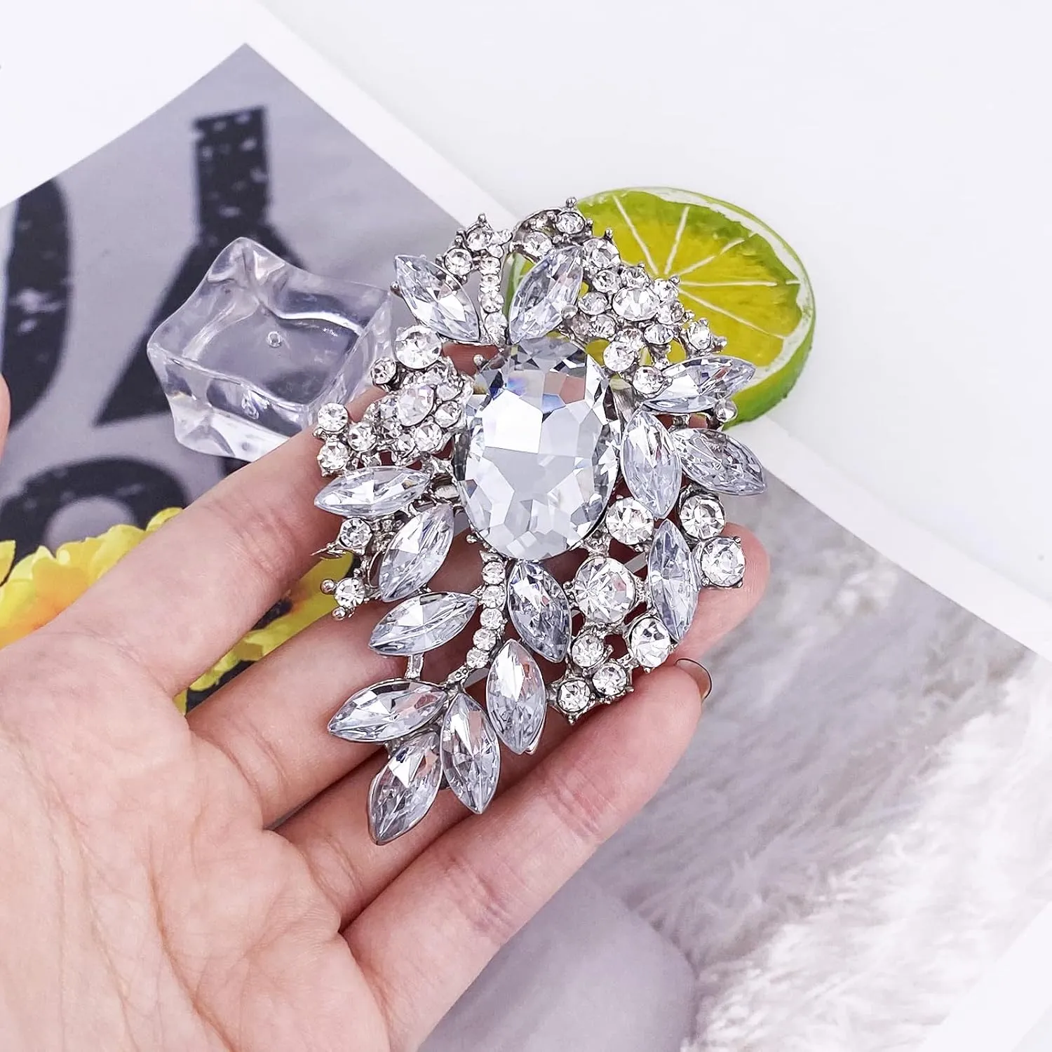 LAXPICOL Vintage Sparkly Austrian Crystal Flower Leaf Bouquet Clusters Big Large Brooch Pin for Women Gold Tone