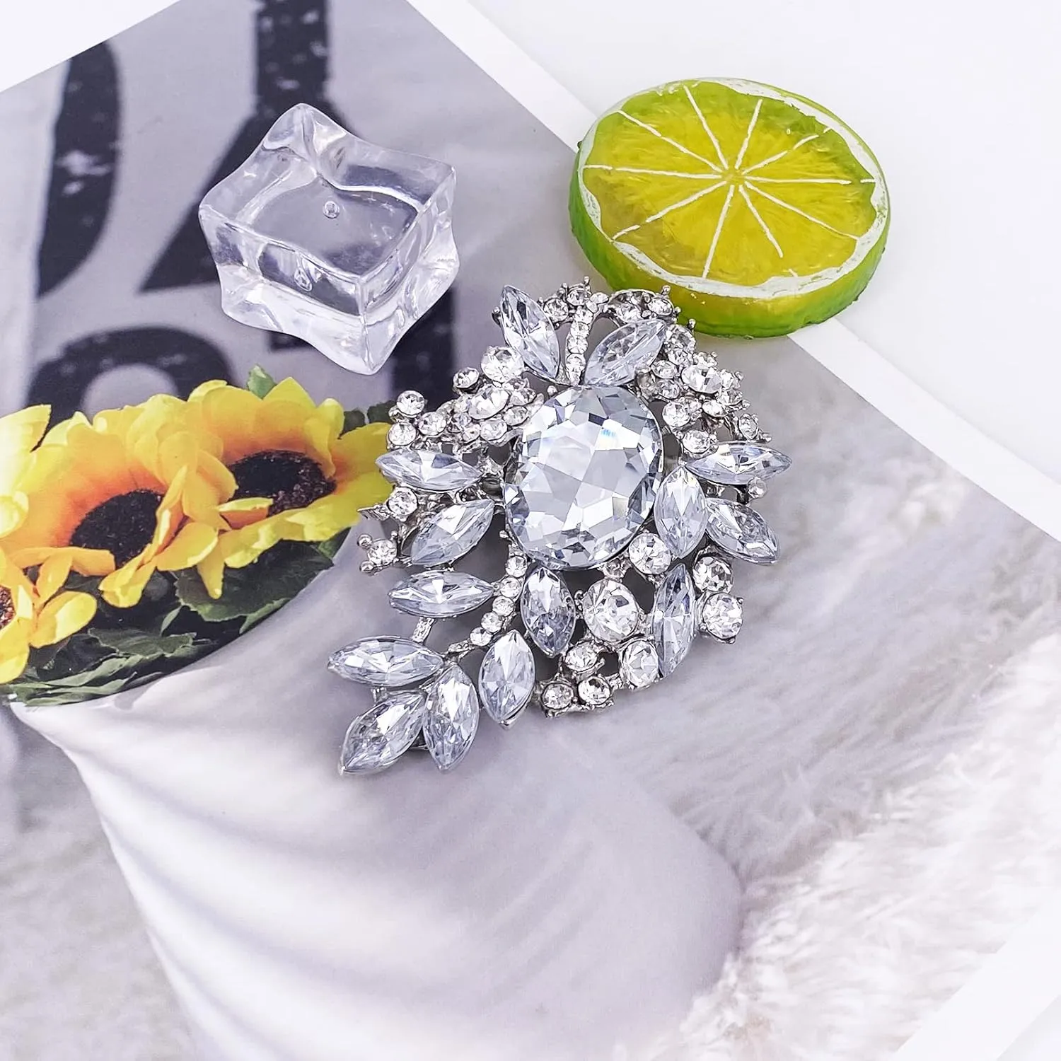 LAXPICOL Vintage Sparkly Austrian Crystal Flower Leaf Bouquet Clusters Big Large Brooch Pin for Women Gold Tone