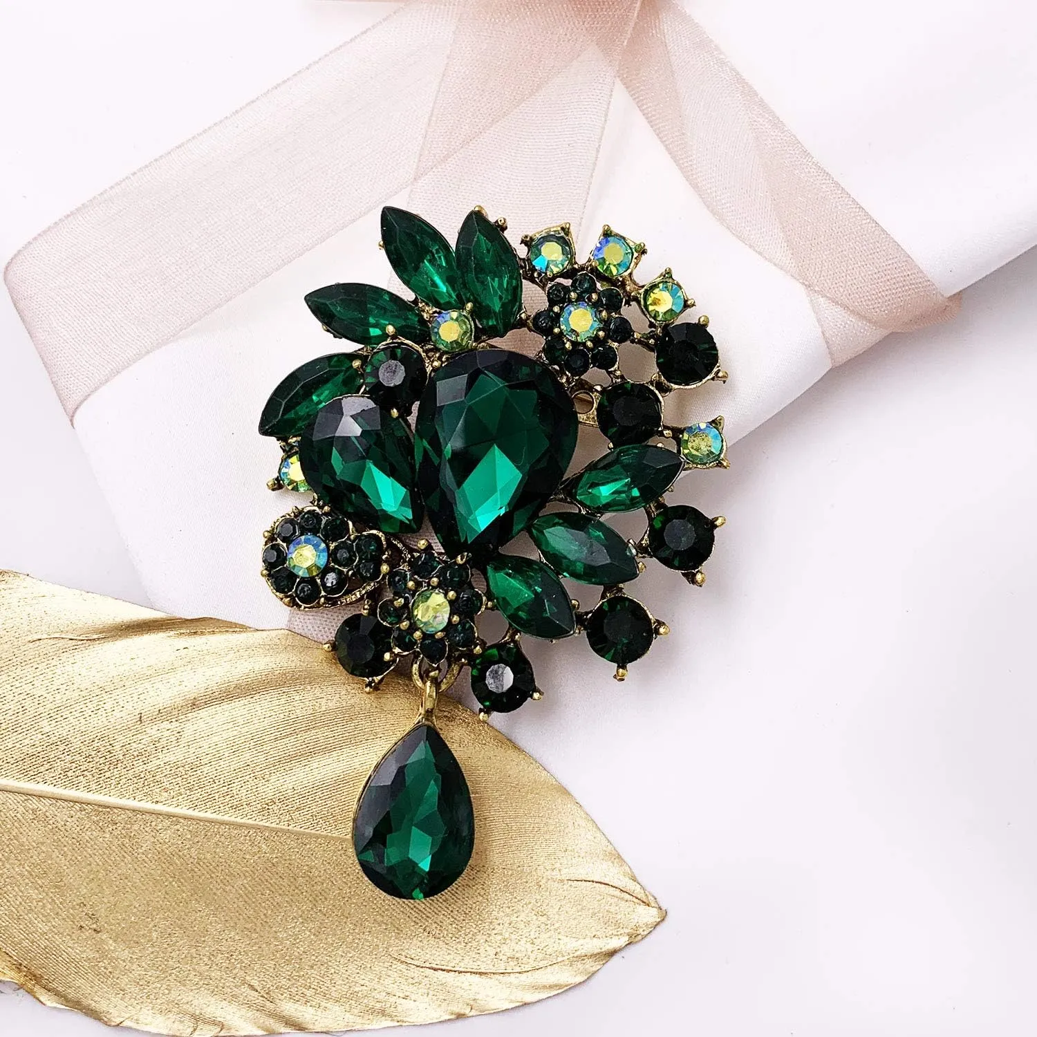 LAXPICOL Vintage Wedding Bridal Big Blue Crystal Rhinestone Tear drop Brooch Pin for Women