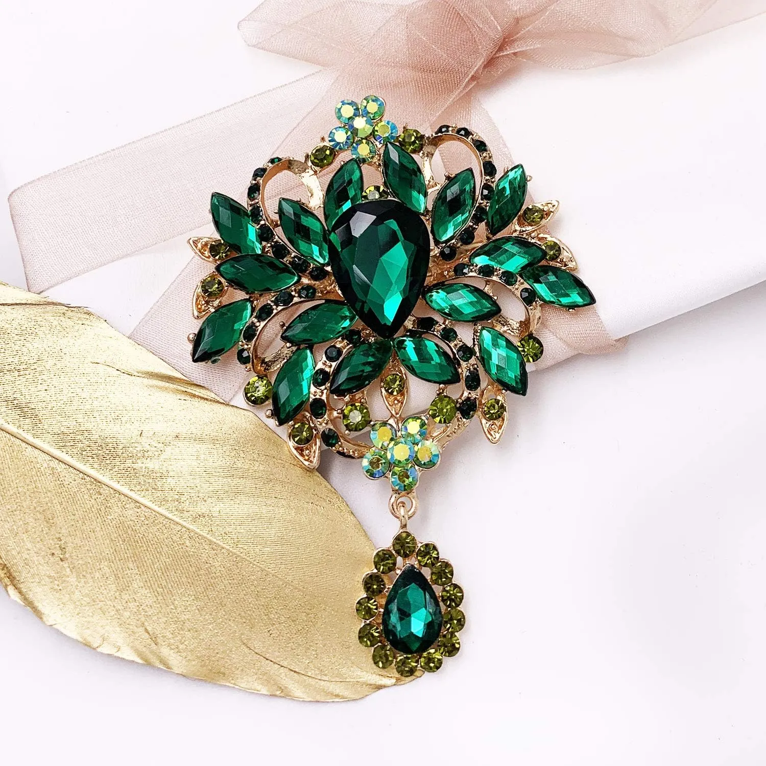 LAXPICOL Wedding Bridal Big Brown Crystal Rhinestone Bouquet Brooch Pin for Women Golden Tone