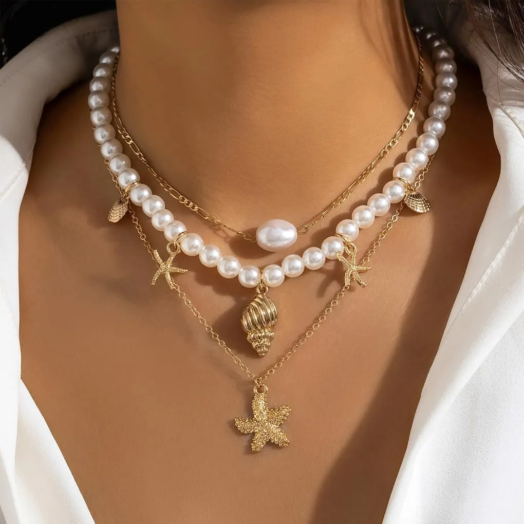 Layered Dainty Starfish Pendant Necklace,Vintage Plated Gold Shell Pearl Statement Choker,Trendy Layering Pearl Small Shell Necklace for Women