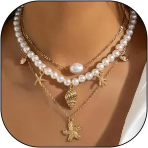 Layered Dainty Starfish Pendant Necklace,Vintage Plated Gold Shell Pearl Statement Choker,Trendy Layering Pearl Small Shell Necklace for Women
