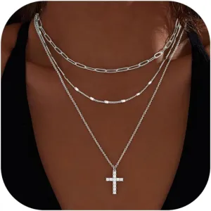 Layered Gold Necklaces for Women,Stackable Dainty 14K Gold Silver Plated Trendy Circle Paperclip Chain Pendant Choker Necklace,Simpl Diamond Cross Bow Jewelry Set Gifts for Women