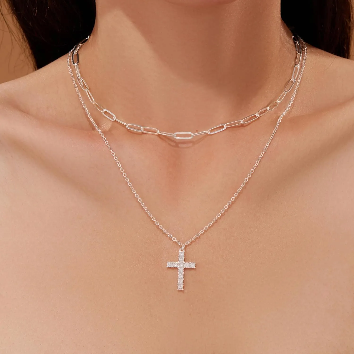 Layered Gold Necklaces for Women,Stackable Dainty 14K Gold Silver Plated Trendy Circle Paperclip Chain Pendant Choker Necklace,Simpl Diamond Cross Bow Jewelry Set Gifts for Women