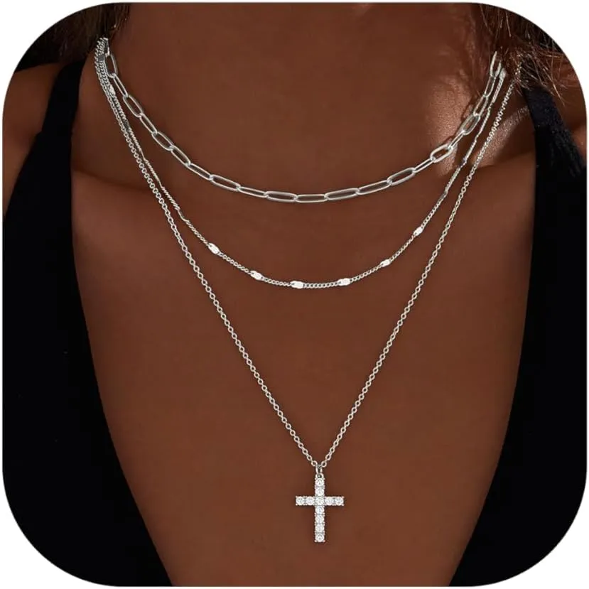 Layered Gold Necklaces for Women,Stackable Dainty 14K Gold Silver Plated Trendy Circle Paperclip Chain Pendant Choker Necklace,Simpl Diamond Cross Bow Jewelry Set Gifts for Women