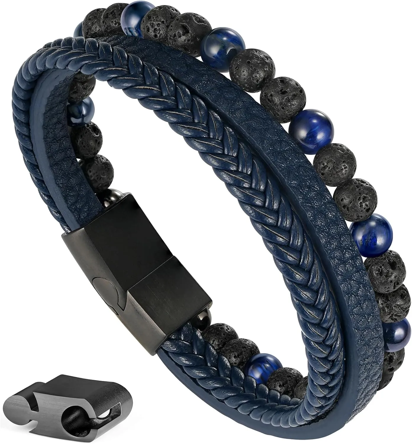 Layered Leather Beads Bracelets for Men, Braided Leather Tiger Eye Lava Rock Stone Bracelets for Men with Stainless Steel Magnetic Clasp Anxiety Stress Relief Gifts