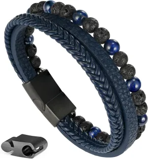 Layered Leather Beads Bracelets for Men, Braided Leather Tiger Eye Lava Rock Stone Bracelets for Men with Stainless Steel Magnetic Clasp Anxiety Stress Relief Gifts