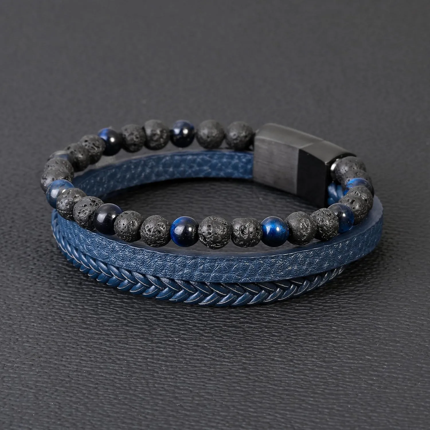 Layered Leather Beads Bracelets for Men, Braided Leather Tiger Eye Lava Rock Stone Bracelets for Men with Stainless Steel Magnetic Clasp Anxiety Stress Relief Gifts