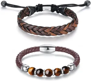 Leather Bracelet for Men, Adjustable Braided Leather Bracelet, Healing Tiger Eye Beads Bracelet