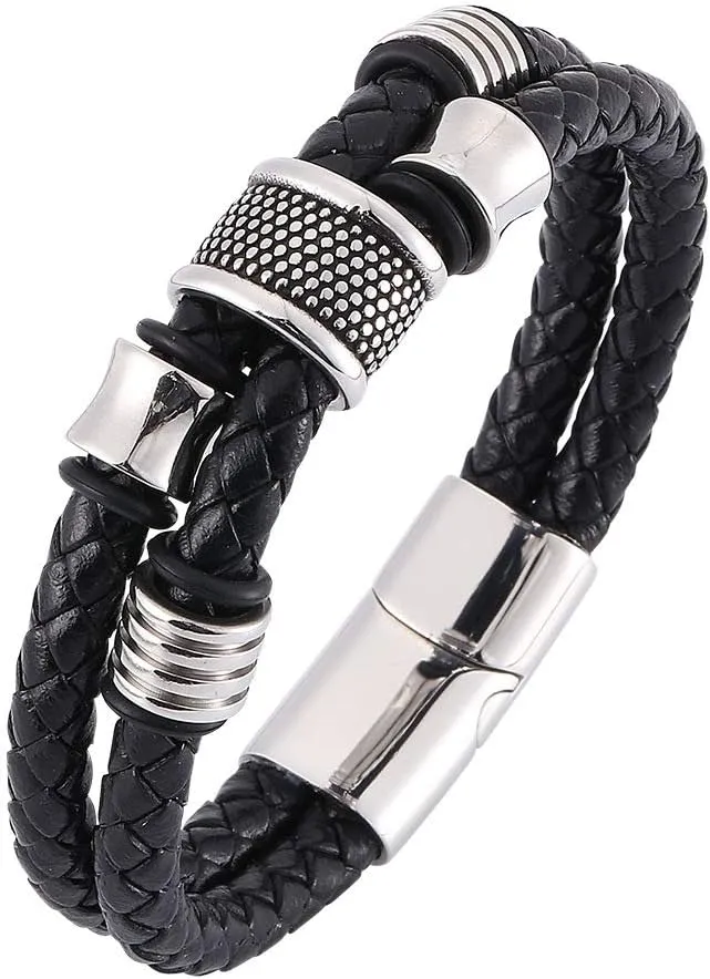 Leather Bracelets for Men Handmade Stainless Steel Leather Bracelet for Men Black Multi-Layer Braided Bracelets Gifts for Men Leather and Steel