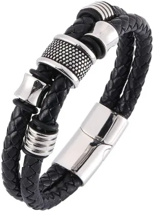 Leather Bracelets for Men Handmade Stainless Steel Leather Bracelet for Men Black Multi-Layer Braided Bracelets Gifts for Men Leather and Steel