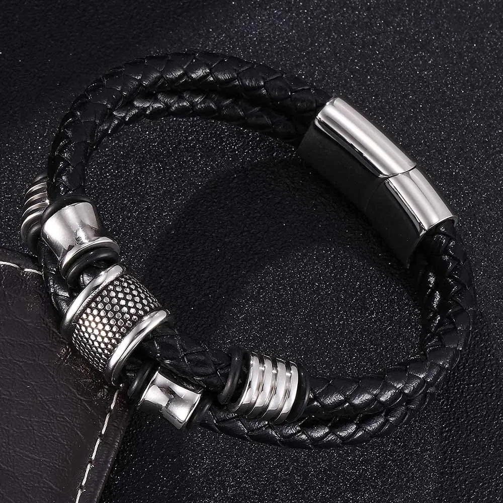 Leather Bracelets for Men Handmade Stainless Steel Leather Bracelet for Men Black Multi-Layer Braided Bracelets Gifts for Men Leather and Steel